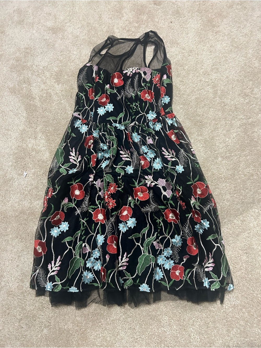 Eva Franco Black Floral Embroidered Mesh Midi Dress